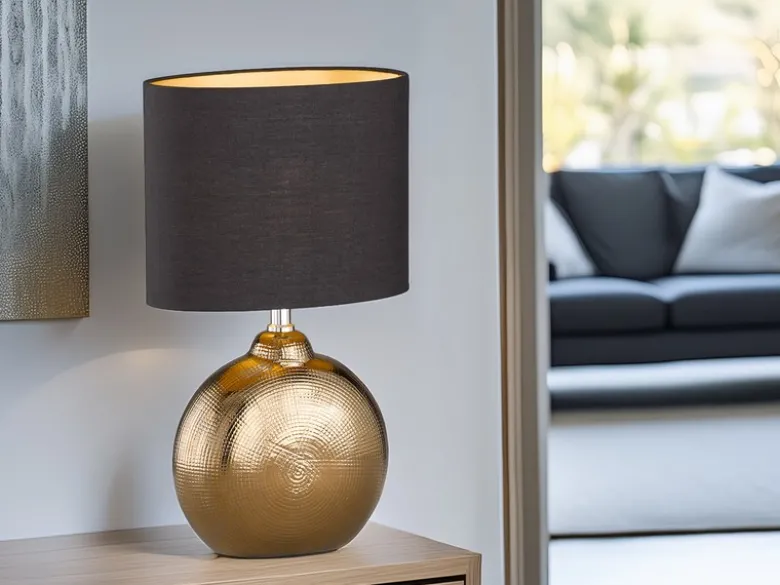 Tischleuchte FORO, Keramikfuß Bronze Antik & Stoffschirm Schwarz Gold, Höhe 39cm