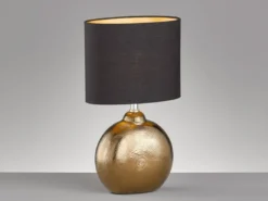 Tischleuchte FORO, Keramikfuß Bronze Antik & Stoffschirm Schwarz Gold, Höhe 39cm