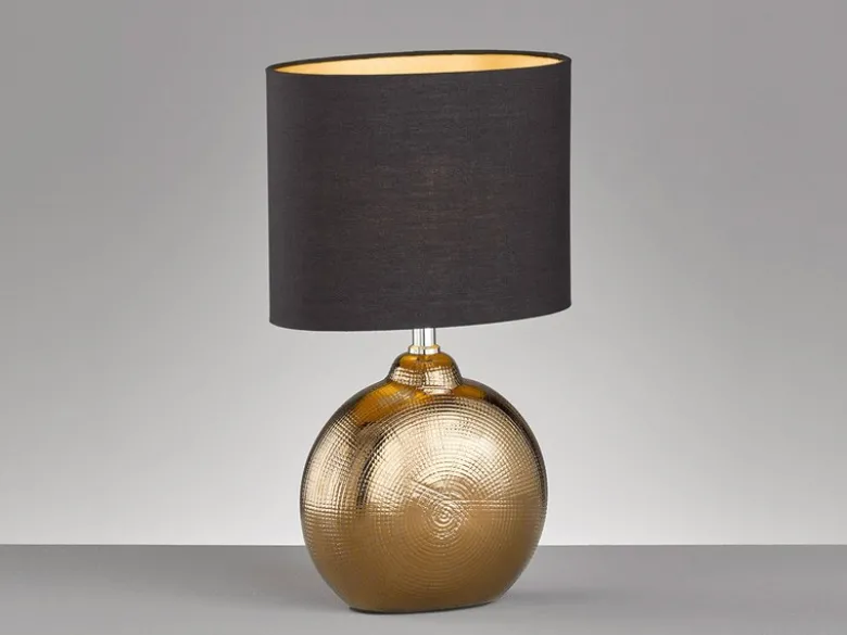 Tischleuchte FORO, Keramikfuß Bronze Antik & Stoffschirm Schwarz Gold, Höhe 39cm