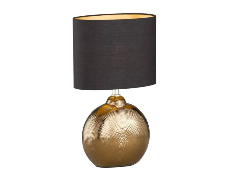 Tischleuchte FORO, Keramikfuß Bronze Antik & Stoffschirm Schwarz Gold, Höhe 39cm