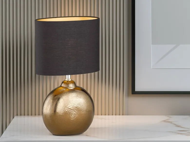 Tischleuchte FORO, Keramikfuß Bronze Antik & Stoffschirm Schwarz Gold, Höhe 39cm