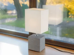 Tischleuchte GERI eckig Grau mit Keramikfuß und Stoffschirm, Höhe 29cm