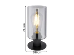 Tischleuchte HADERA Rauchglas Zylinder Lampenschirm, Metall Schwarz, Höhe 21,5cm