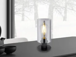 Tischleuchte HADERA Rauchglas Zylinder Lampenschirm, Metall Schwarz, Höhe 21,5cm