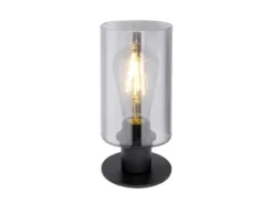 Tischleuchte HADERA Rauchglas Zylinder Lampenschirm, Metall Schwarz, Höhe 21,5cm