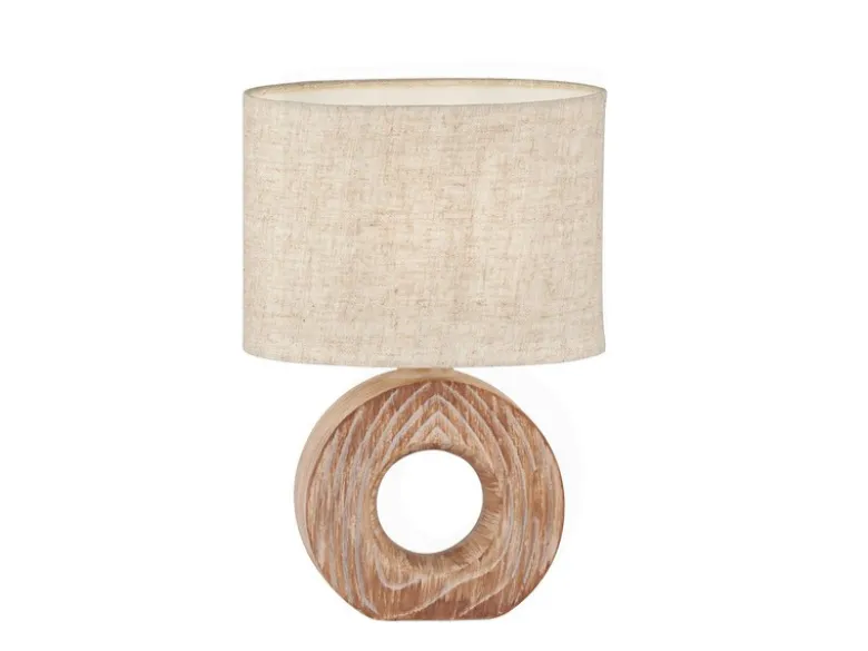 Tischleuchte HANKE mit Keramikfuß Holzoptik & Leinenschirm Beige, Höhe 31cm