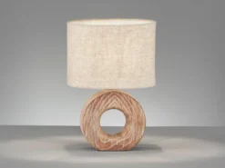 Tischleuchte HANKE mit Keramikfuß Holzoptik & Leinenschirm Beige, Höhe 31cm