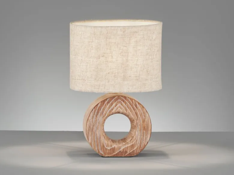 Tischleuchte HANKE mit Keramikfuß Holzoptik & Leinenschirm Beige, Höhe 31cm