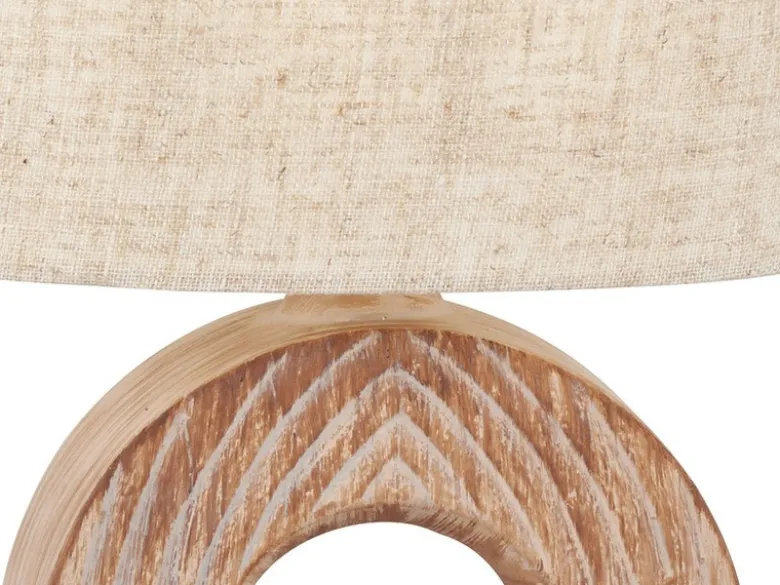Tischleuchte HANKE mit Keramikfuß Holzoptik & Leinenschirm Beige, Höhe 31cm