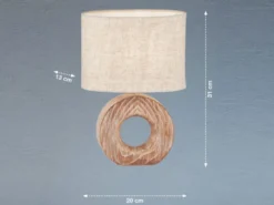 Tischleuchte HANKE mit Keramikfuß Holzoptik & Leinenschirm Beige, Höhe 31cm