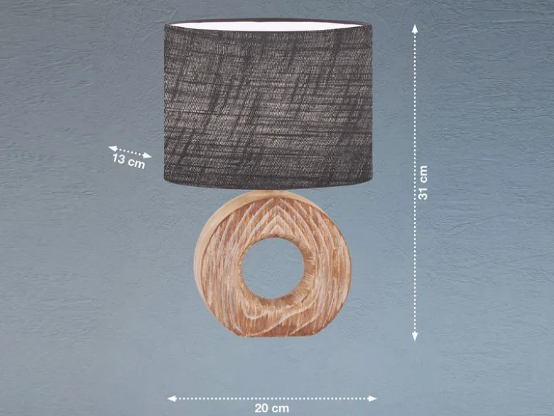 Tischleuchte HANKE mit Keramikfuß Holzoptik & Leinenschirm Grau, Höhe 31cm
