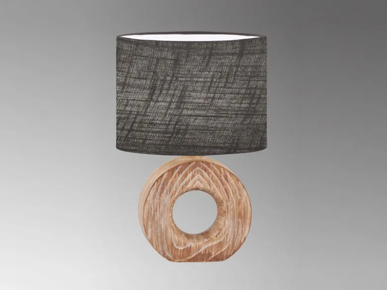 Tischleuchte HANKE mit Keramikfuß Holzoptik & Leinenschirm Grau, Höhe 31cm
