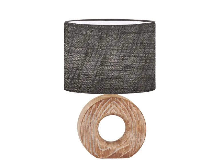Tischleuchte HANKE mit Keramikfuß Holzoptik & Leinenschirm Grau, Höhe 31cm