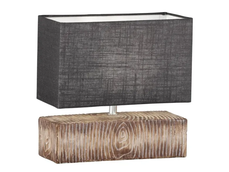 Tischleuchte HAUKE Keramikfuß Holzoptik & Leinenschirm Grau, Höhe 30cm