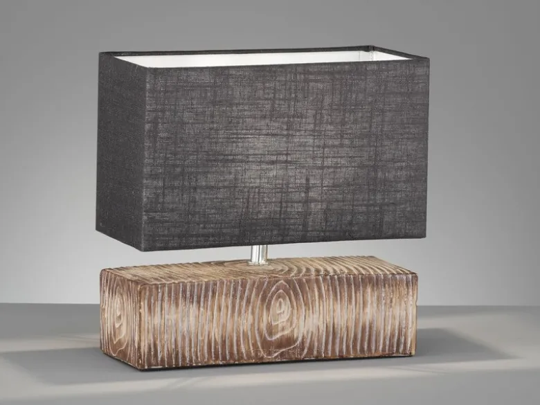 Tischleuchte HAUKE Keramikfuß Holzoptik & Leinenschirm Grau, Höhe 30cm