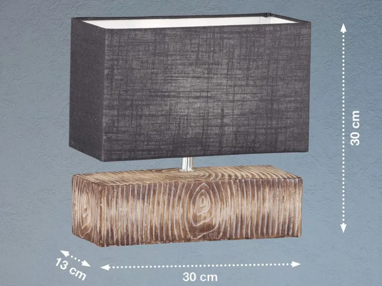 Tischleuchte HAUKE Keramikfuß Holzoptik & Leinenschirm Grau, Höhe 30cm