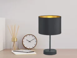 Tischleuchte HOSTEL Stoff Lampenschirm Schwarz & Gold, Höhe 33cm