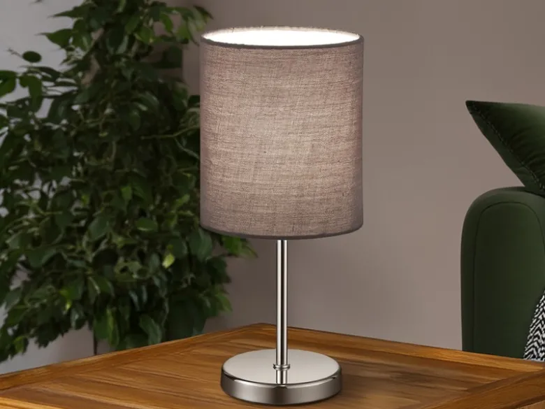 Tischleuchte JERRY 1-flammig Chrom Stoffschirm in Grau, Höhe 28cm