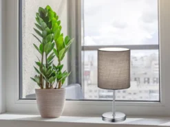 Tischleuchte JERRY 1-flammig Chrom Stoffschirm in Grau, Höhe 28cm