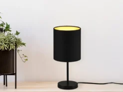 Tischleuchte JERRY 1-flammig Metall Stoffschirm in Schwarz/Gold, Höhe 28cm