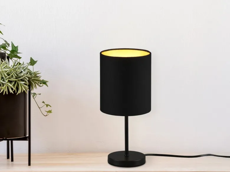 Tischleuchte JERRY 1-flammig Metall Stoffschirm in Schwarz/Gold, Höhe 28cm