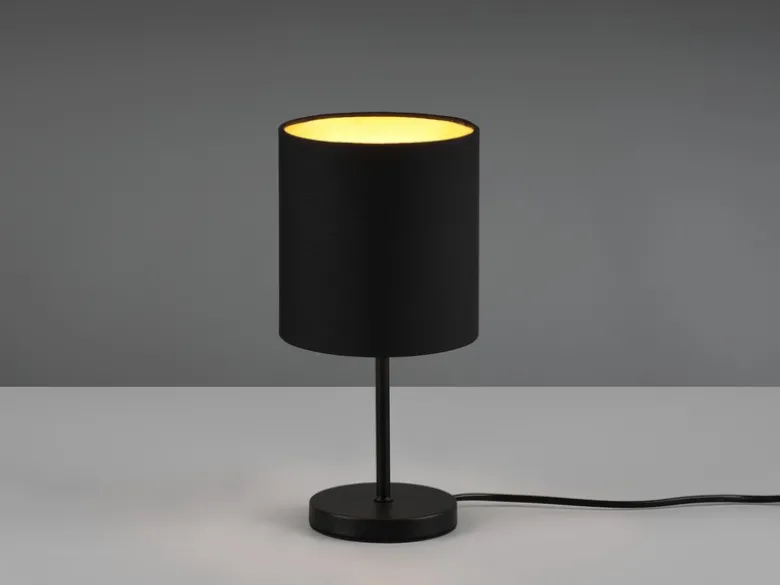 Tischleuchte JERRY 1-flammig Metall Stoffschirm in Schwarz/Gold, Höhe 28cm