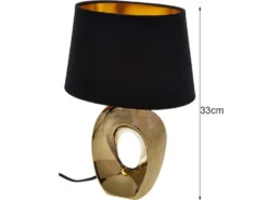 Tischleuchte Keramik Gold mit Stoffschirm Schwarz & E14 LED, Höhe 33cm