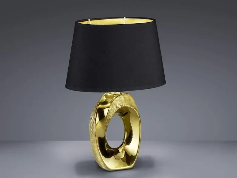 Tischleuchte Keramik Gold mit Stoffschirm Schwarz & E14 LED, Höhe 33cm