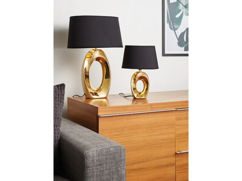 Tischleuchte Keramik Gold mit Stoffschirm Schwarz & E14 LED, Höhe 33cm