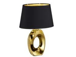 Tischleuchte Keramik Gold mit Stoffschirm Schwarz & E14 LED, Höhe 33cm