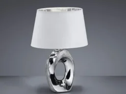 Tischleuchte Keramik Silber mit Stoffschirm Weiß & E14 LED, Höhe 33cm