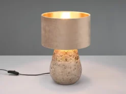 Tischleuchte KIRAN Keramikfuß Grau mit Samtschirm Beige Gold, Höhe 38cm