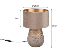 Tischleuchte KIRAN Keramikfuß Grau mit Samtschirm Beige Gold, Höhe 38cm