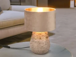 Tischleuchte KIRAN Keramikfuß Grau mit Samtschirm Beige Gold, Höhe 38cm