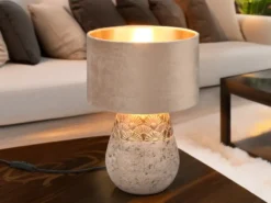 Tischleuchte KIRAN Keramikfuß Grau mit Samtschirm Beige Gold, Höhe 38cm