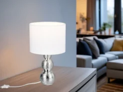 Tischleuchte LOVA mit Keramikfuß Silber & Stoffschirm Weiß, Höhe 29cm