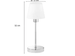 Tischleuchte LUIS II, Glasschirm Weiß Sockel Chrom - Touchfunktion, Höhe 32cm