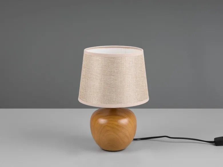 Tischleuchte LUXOR Keramik Holzoptik mit Stoffschirm Beige, Höhe 26cm