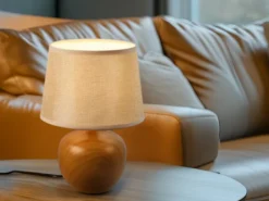Tischleuchte LUXOR Keramik Holzoptik mit Stoffschirm Beige, Höhe 26cm