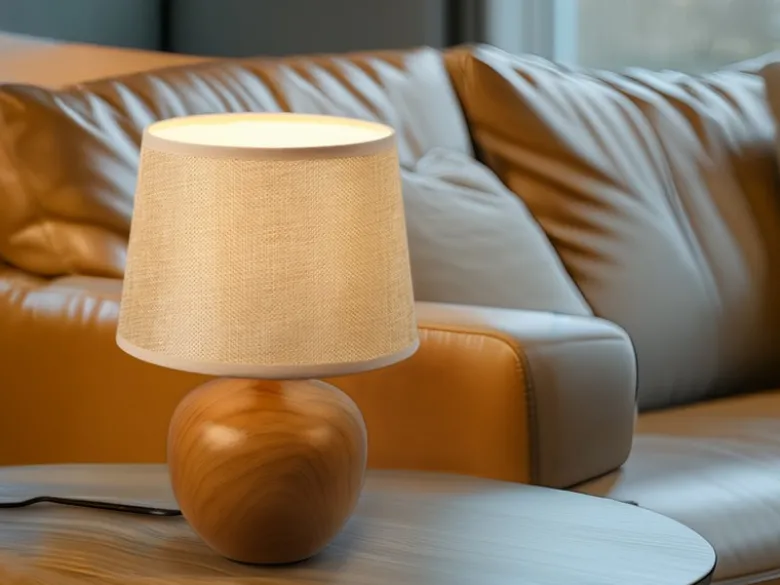 Tischleuchte LUXOR Keramik Holzoptik mit Stoffschirm Beige, Höhe 26cm