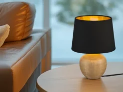 Tischleuchte LUXOR Keramik mit Stoffschirm Schwarz / Gold, Höhe 26cm