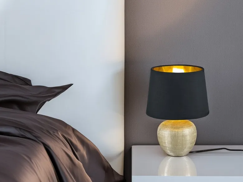 Tischleuchte LUXOR Keramik mit Stoffschirm Schwarz / Gold, Höhe 26cm