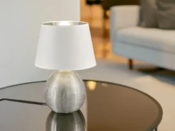 Tischleuchte LUXOR Keramik mit Stoffschirm Weiß / Silber, Höhe 35cm