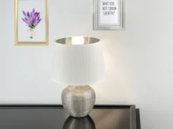 Tischleuchte LUXOR Keramik mit Stoffschirm Weiß / Silber, Höhe 26cm
