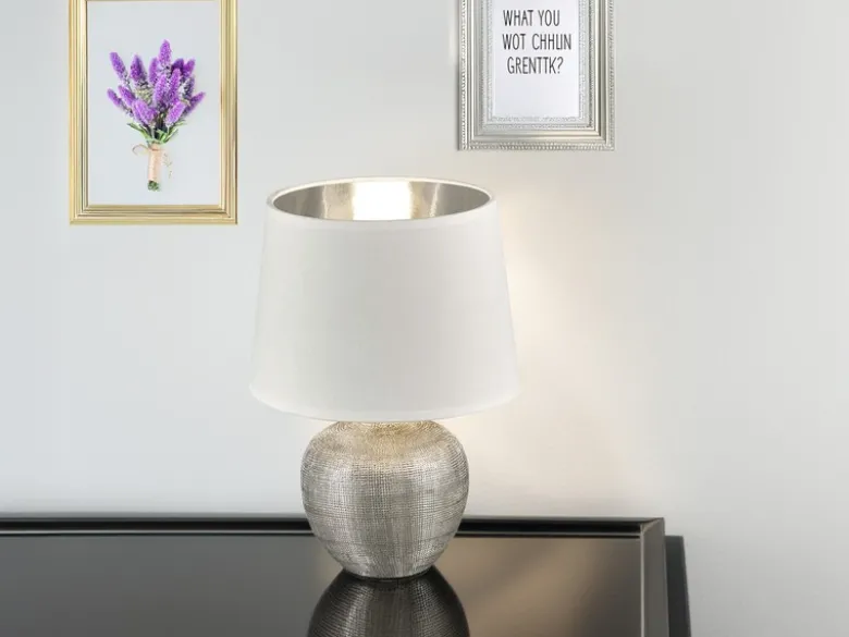 Tischleuchte LUXOR Keramik mit Stoffschirm Weiß / Silber, Höhe 26cm