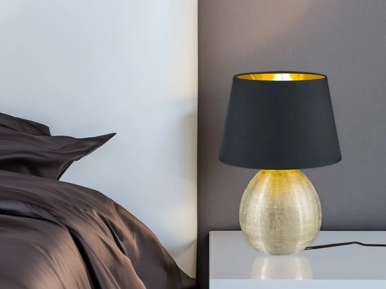 Tischleuchte LUXOR Keramik mit Stoffschirm Schwarz / Gold, Höhe 35cm