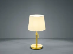 Tischleuchte LYON Messing mit Stoffschirm Weiß, Höhe 45-56cm verstellbar