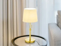 Tischleuchte LYON Messing mit Stoffschirm Weiß, Höhe 45-56cm verstellbar