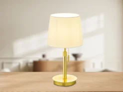 Tischleuchte LYON Messing mit Stoffschirm Weiß, Höhe 45-56cm verstellbar