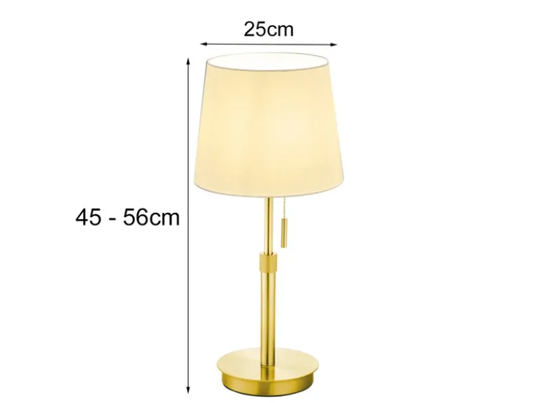 Tischleuchte LYON Messing mit Stoffschirm Weiß, Höhe 45-56cm verstellbar